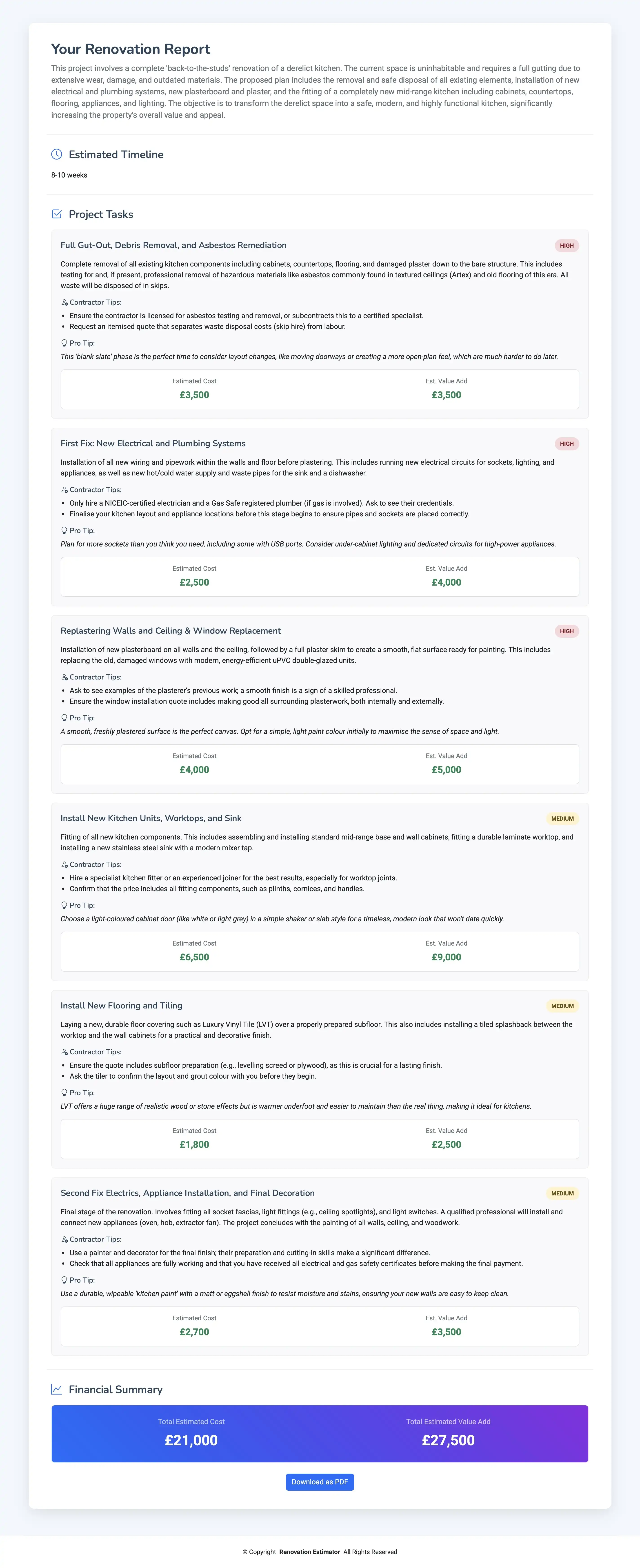 A detailed example of an AI-generated house renovation cost estimate report, showing task breakdowns, material costs, and project timelines.