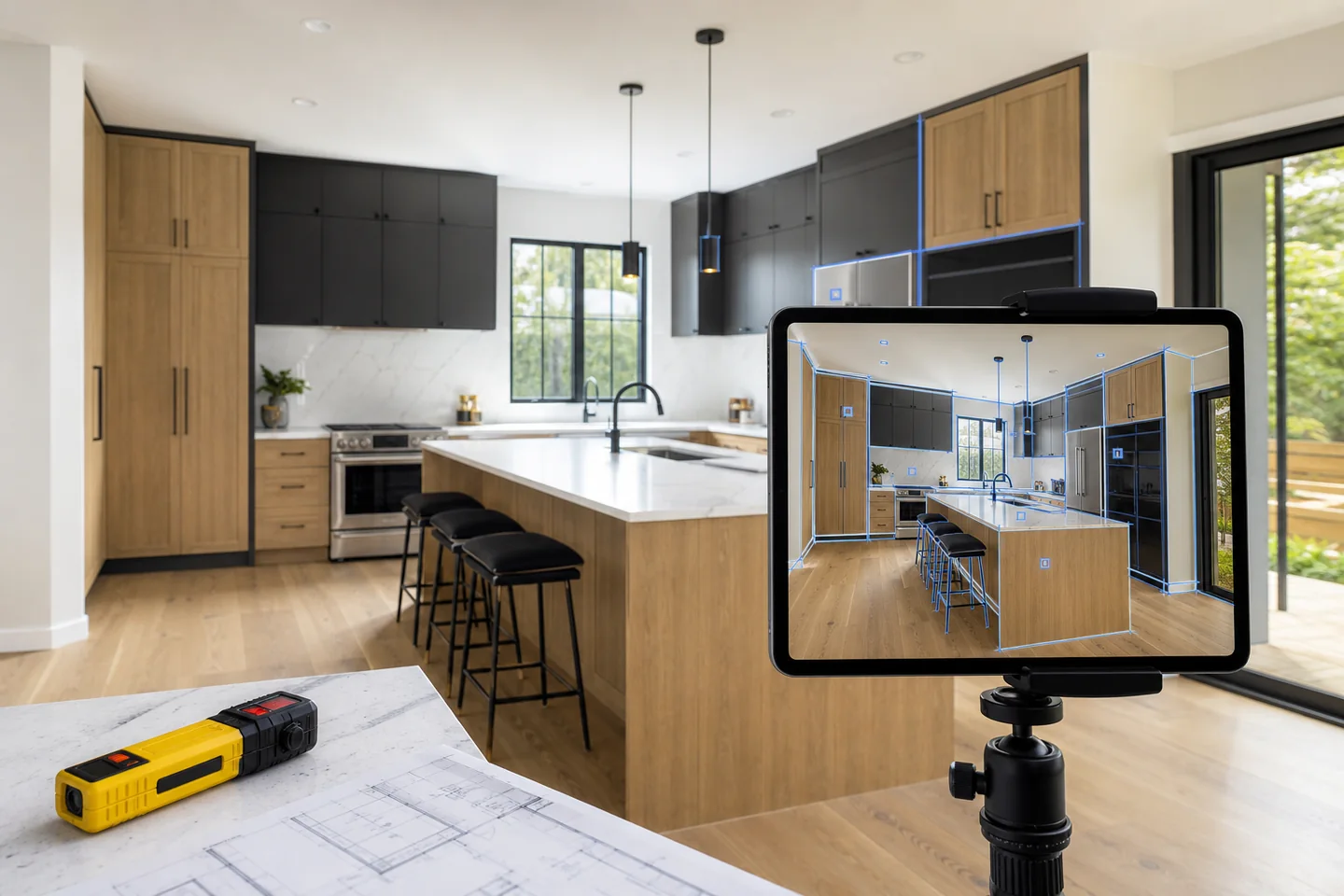 A tablet uses subtle computer-vision guides to analyze the cabinetry and surfaces in a kitchen.