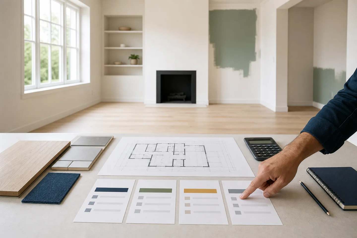 Renovation plans, materials, and organized cost categories arranged in a freshly updated room.