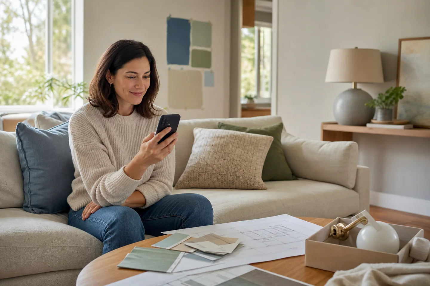A homeowner reviews her renovation estimate on a phone beside plans and material samples.