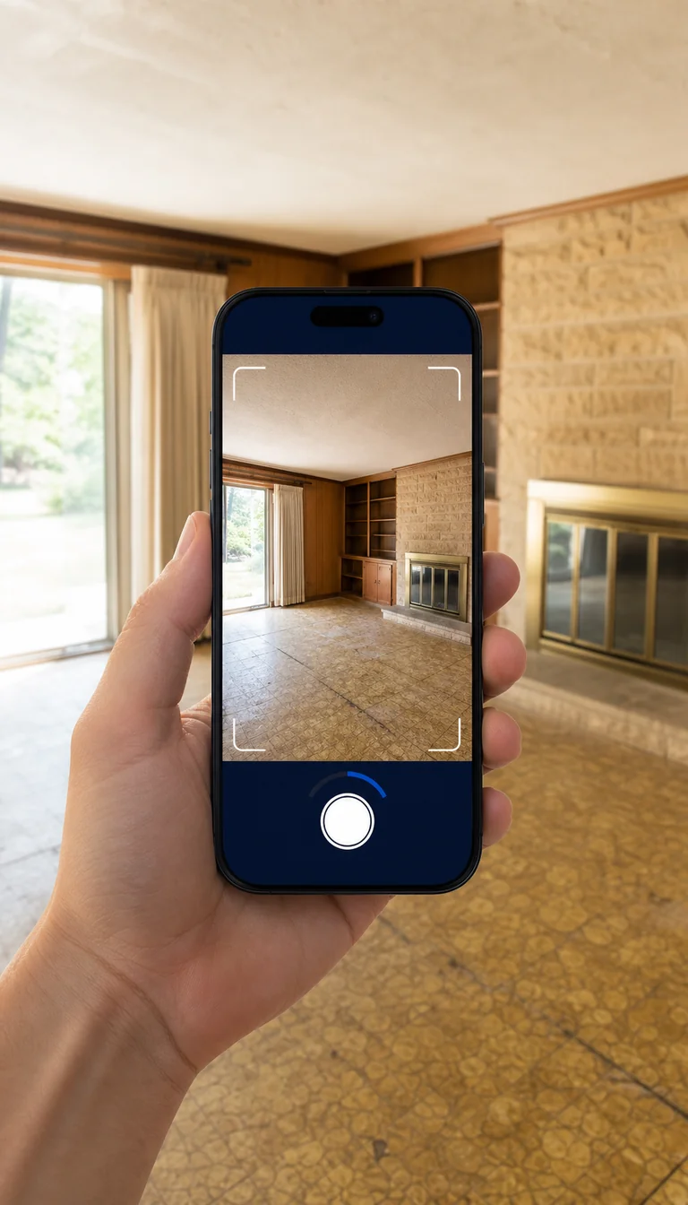A homeowner frames a dated living room in a phone camera to start a renovation estimate.