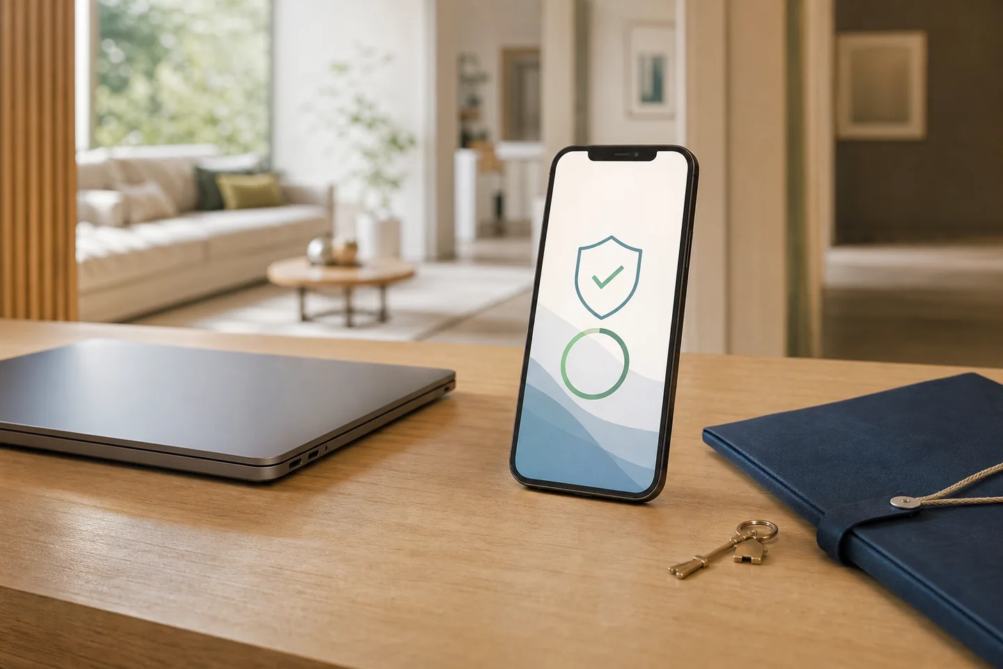 A phone shows a completed secure analysis beside a laptop, document folder, and house keys.