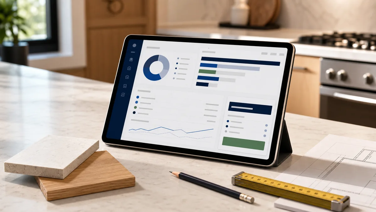 A tablet displays an organized renovation cost dashboard on a kitchen island.
