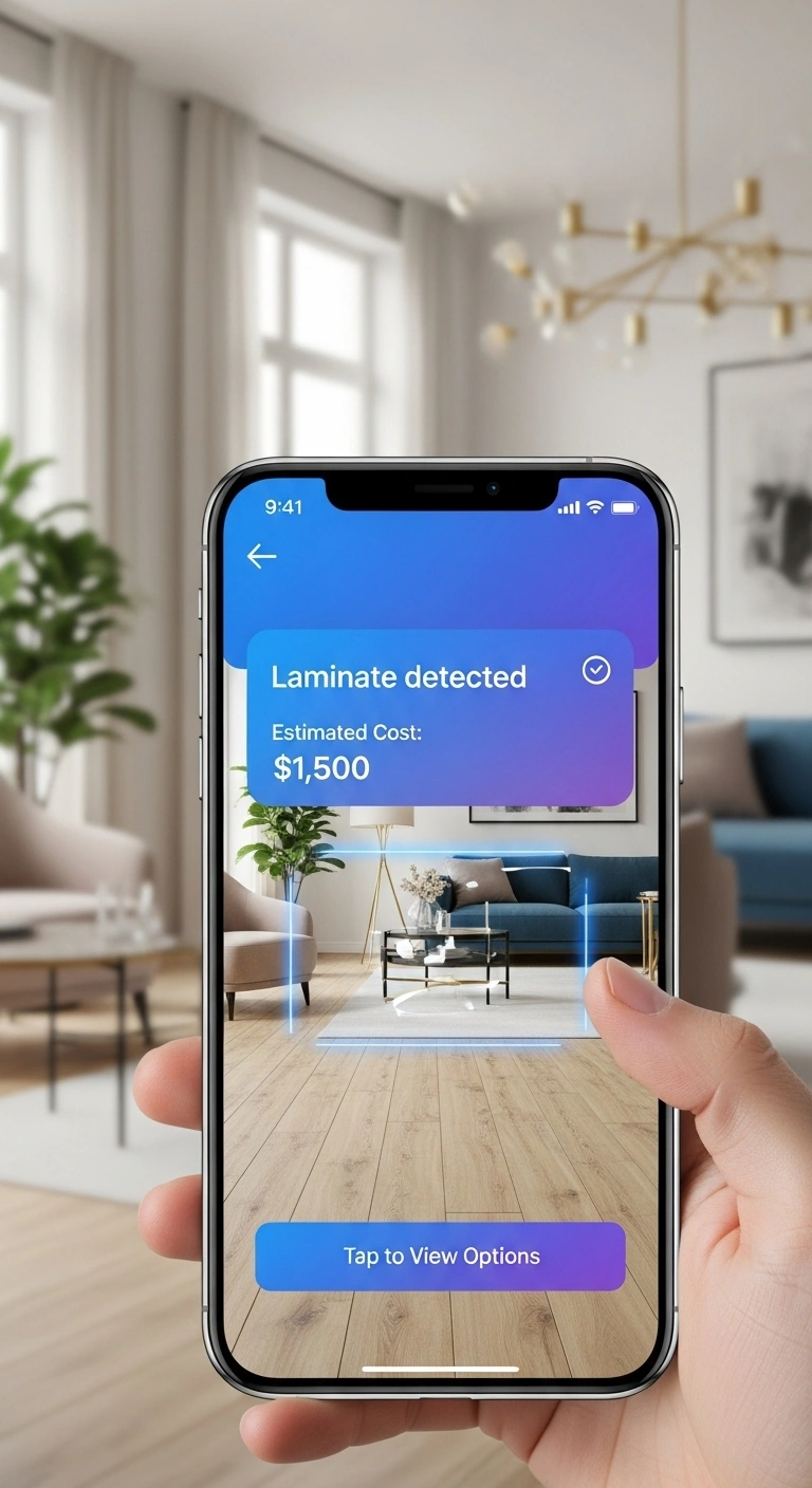 A person's hand holding a smartphone, taking a photo of their living room for a renovation estimate.