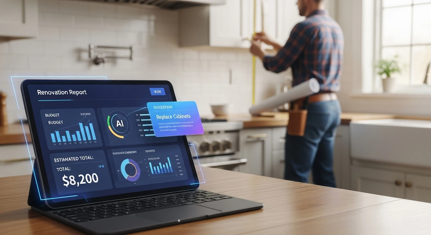 A tablet displaying a renovation cost report sitting on a kitchen counter.