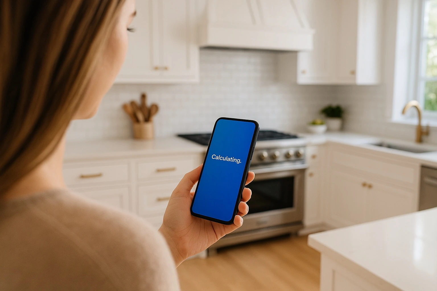 A woman smiling as she looks at her smartphone while relaxing on a couch.